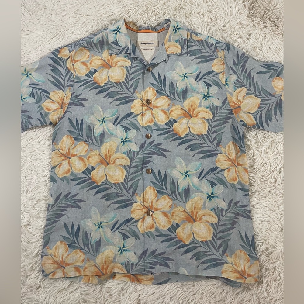 Size L Tommy Bahama Linen Hawaiian Shirt Blue Floral Button Original‎ Fit